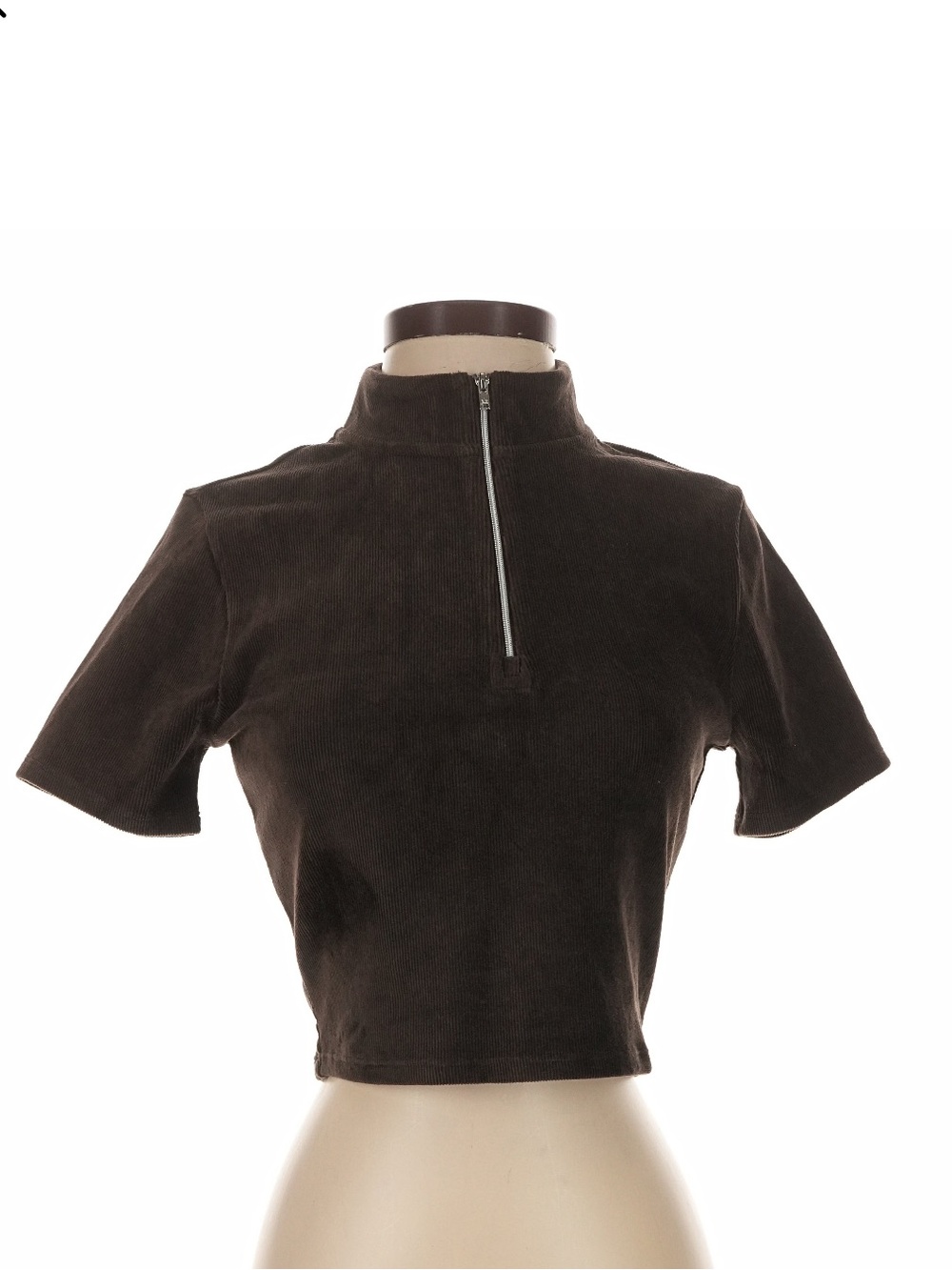 Brown Corduroy Cropped Zip-Neck Top